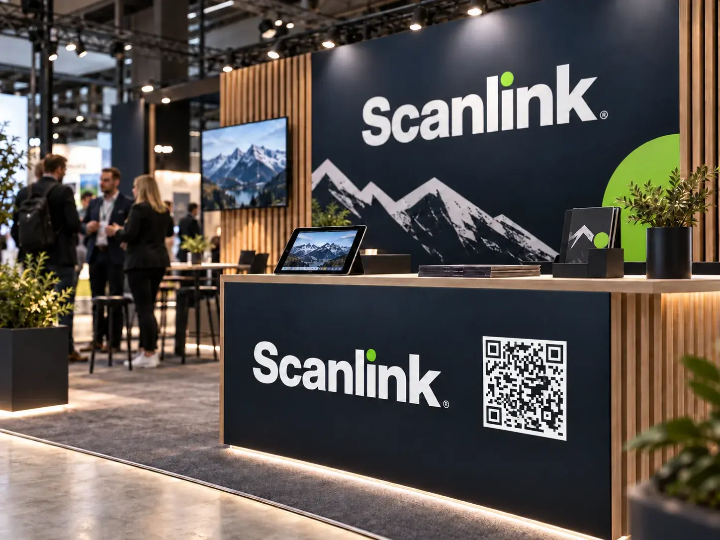 Illustrasjon av Scanlink QR-kode brukt på en profesjonell messe- og arrangementsflate.