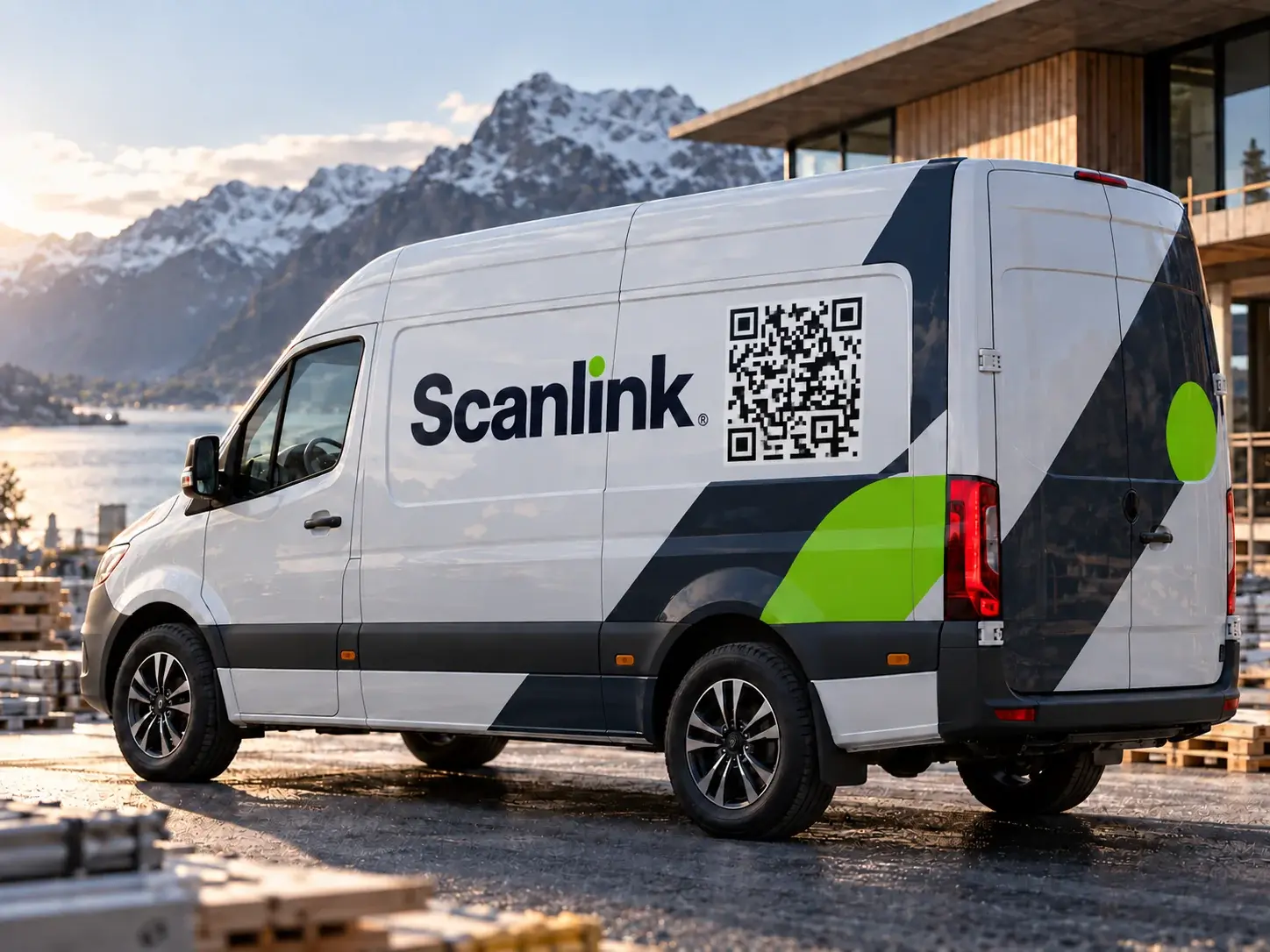 Illustrasjon av Scanlink QR-kode integrert i profileringen på en firmabil.